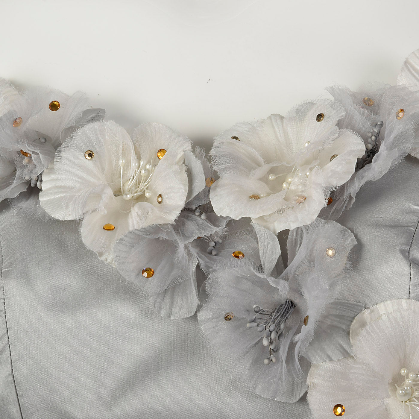2000s Formal Gray Taffeta Evening Dress with Floral Applique