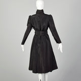 XS 1980s Black Taffeta Wrap Coat Lightweight with Ruffle Trim