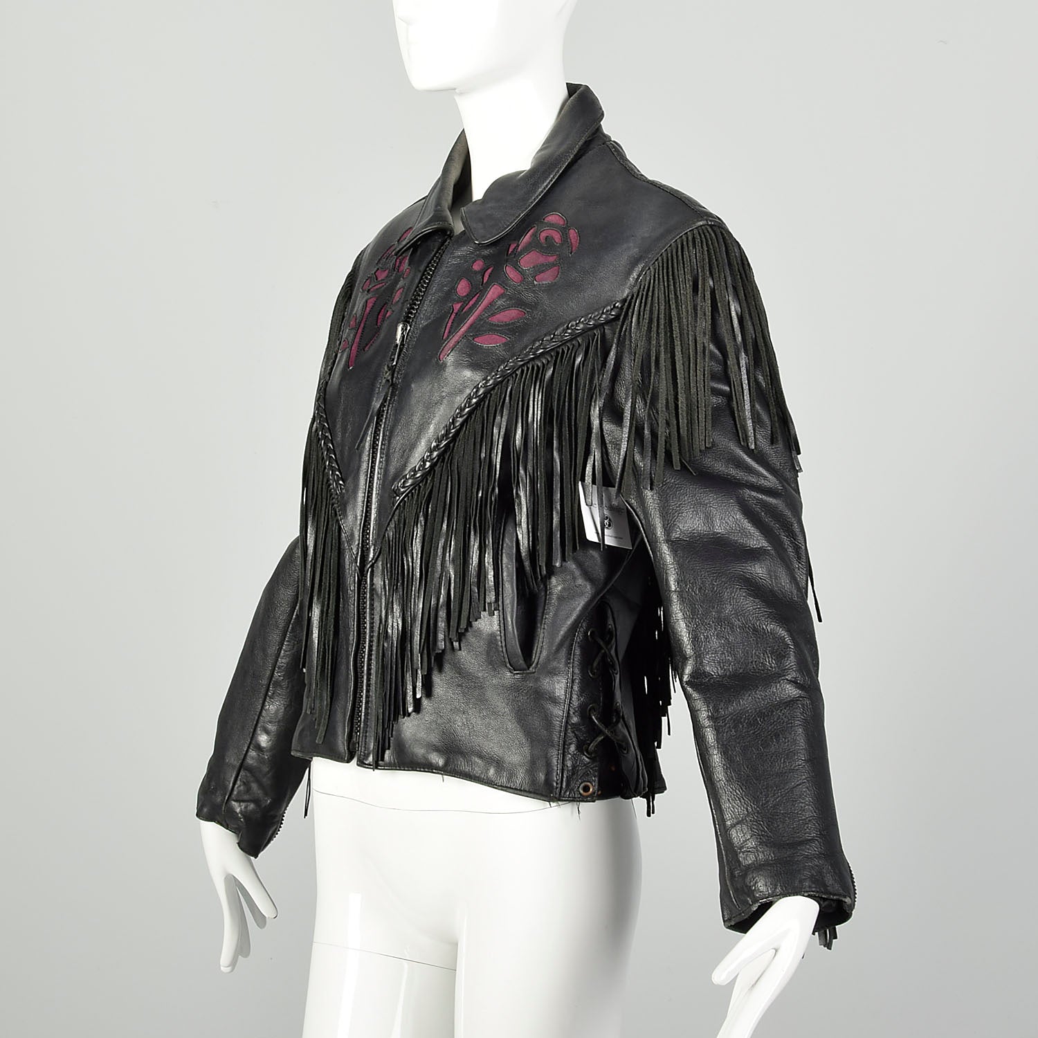 Small 1980s Black Leather Biker Jacket Fringe Purple Rose Inlays Zip Out Lining