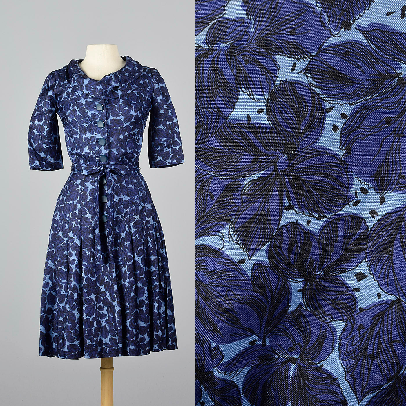 1950s Blue Floral Print Silk Dress