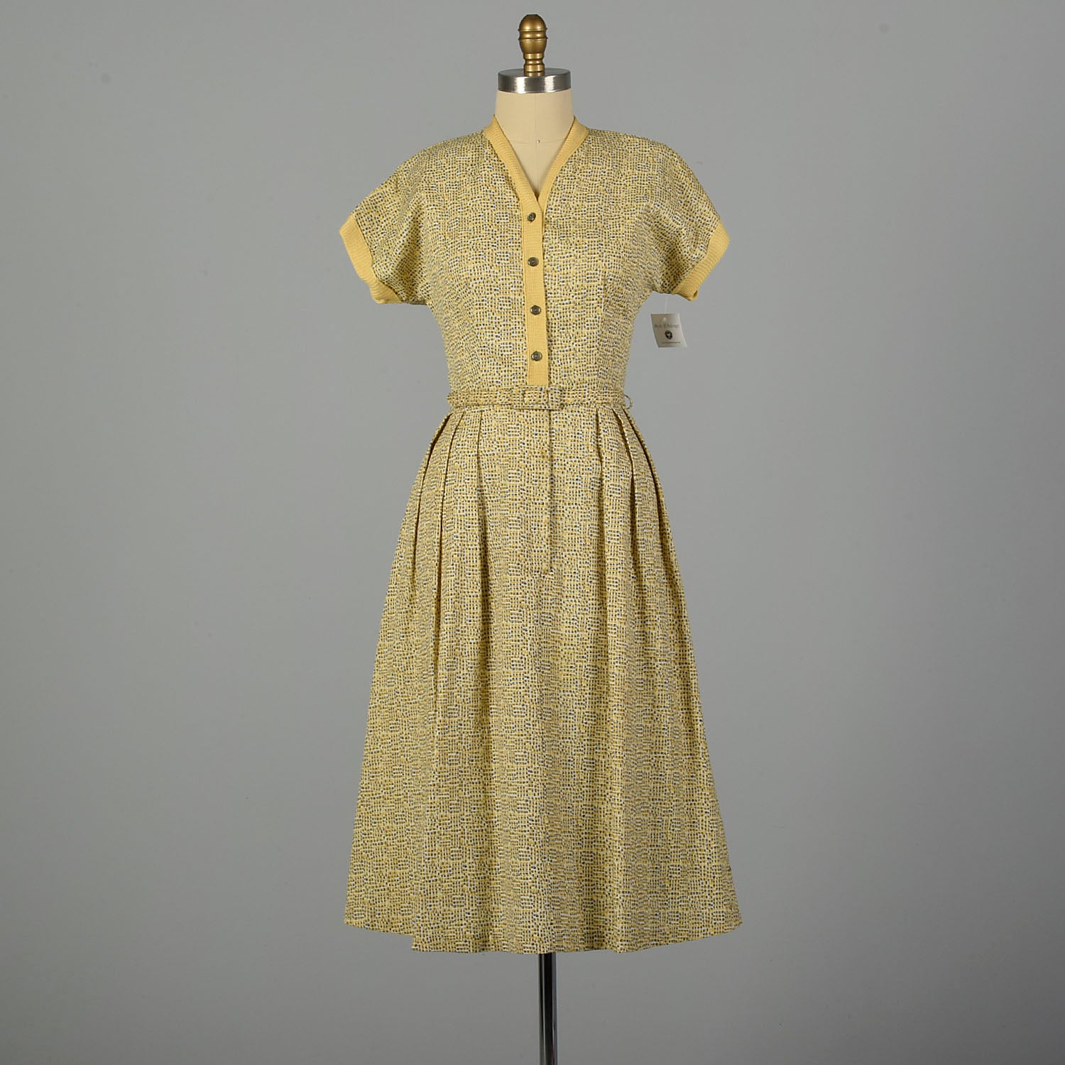 Large 1950s Yellow and Gray Geometric Print Day Dress with Belt