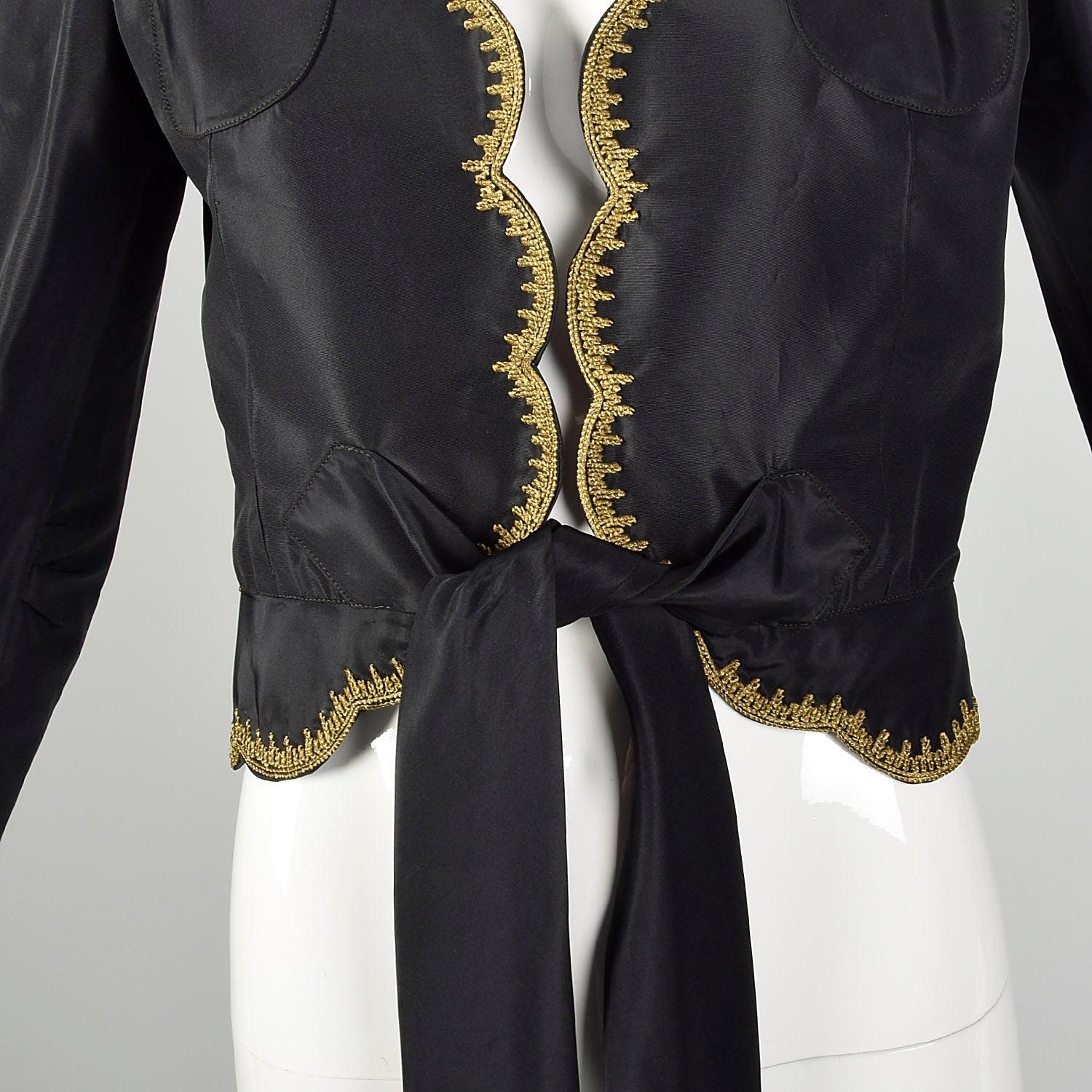 XS 1940s Jacket Black Taffeta Tie Waist Scallop Edge Gold Trim Embroidery Evening Jacket