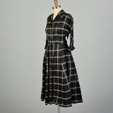 Medium 1950s Dress Black Taffeta Hourglass Plaid Cocktail Party Dress