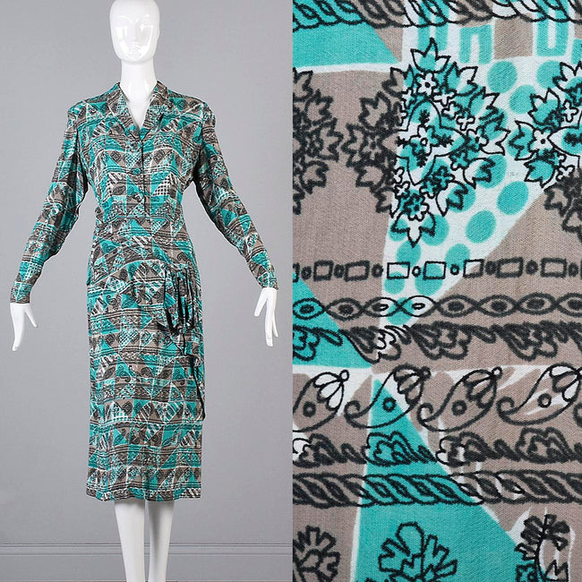 1940s Aqua Blue and Taupe Rayon Dress