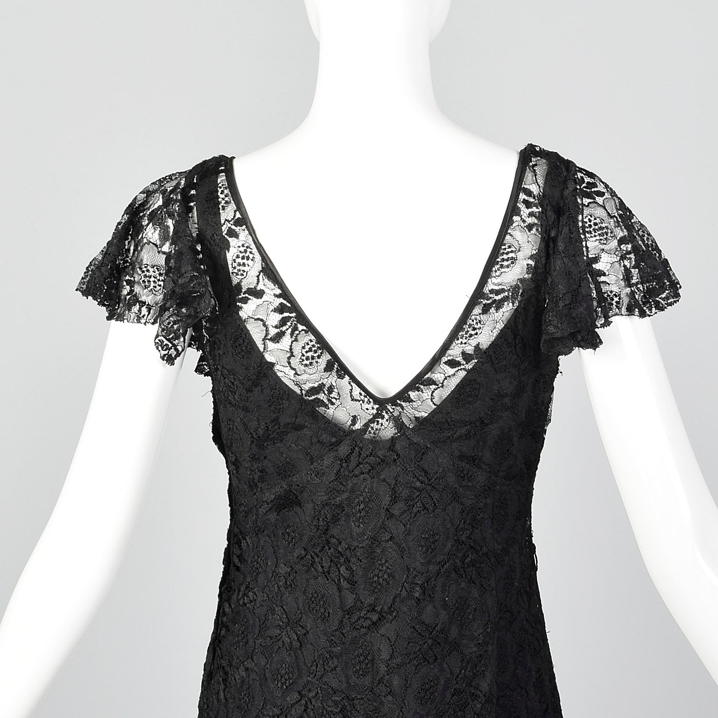 1930s Black Lace Dress with Sheer Flutter Sleeves