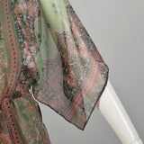 Small 1970s Victor Costa Dress Green Two-Piece Sheer Chiffon Boho