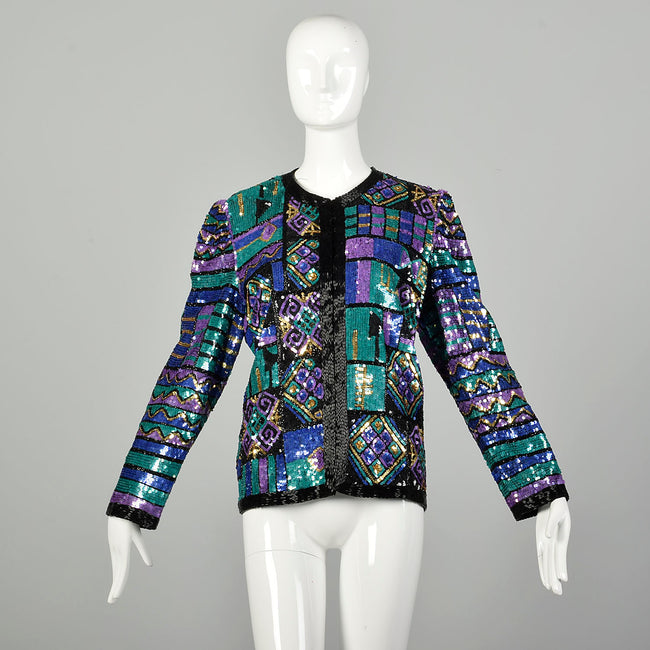 Large 1990s Geometric Color Block Sequin Jacket Holiday Party Separates