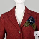 Medium 2010s Red Blazer Moschino Cheap & Chic Wool Tweed Yarn Flower Corsage Applique Jacket