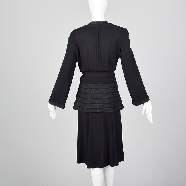 1940s Black Peplum Dress with Woven Stripe Trim