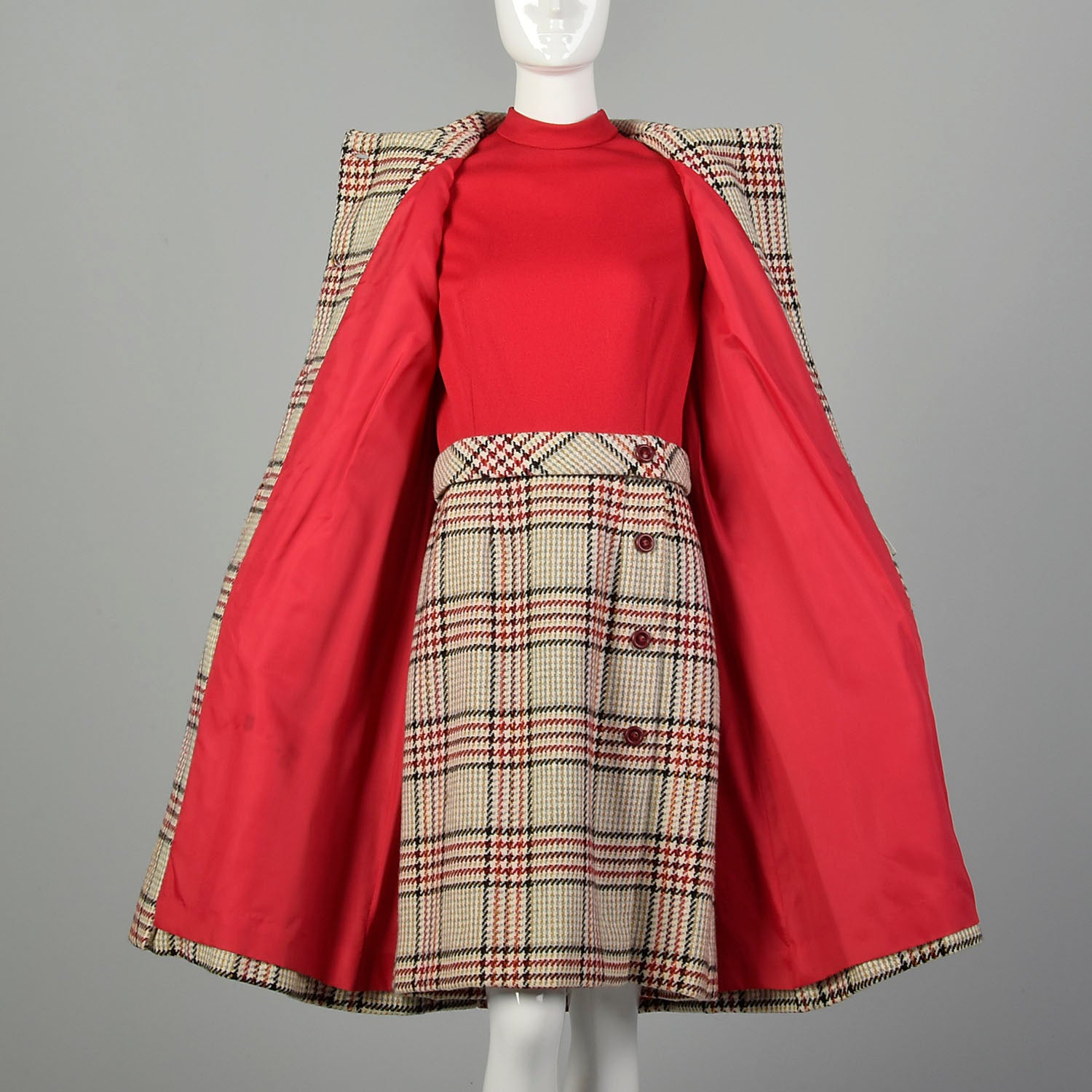 Medium 1960s Plaid Dress and Winter Coat Ensemble Long Sleeve Tweed Outfit