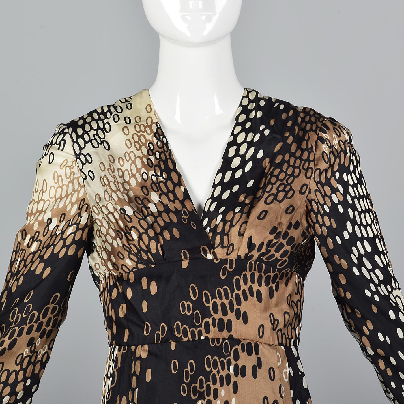 1960s Silk Dress with White, Tan, and Black Op Art Print