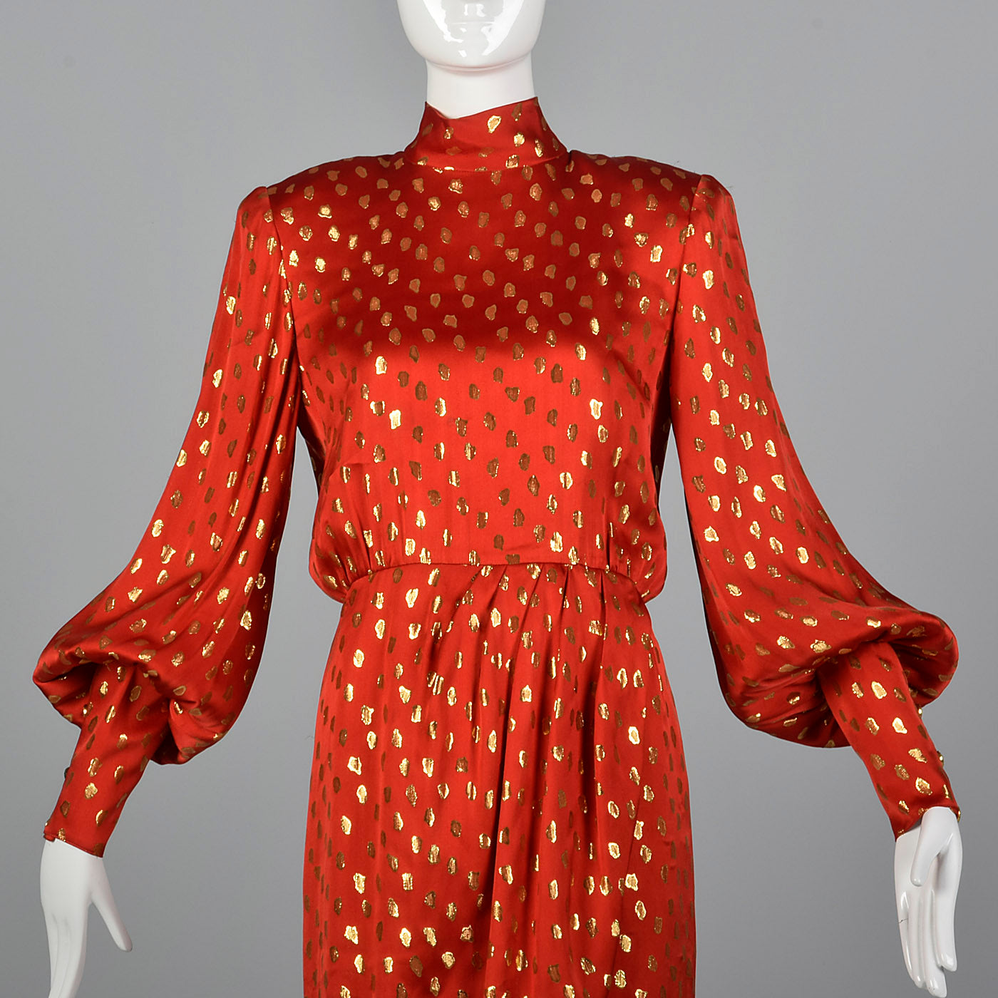 1980s Guy Laroche Red Silk Pencil Dress with Metallic Gold Design
