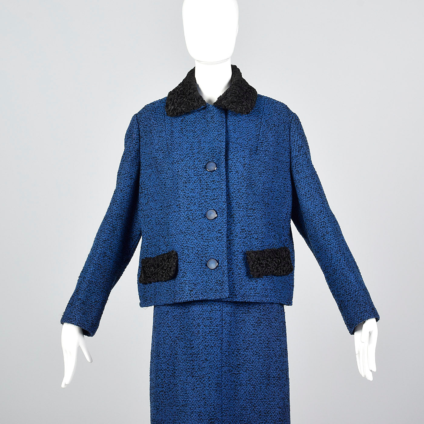 1960s Blue Tweed Skirt Suit with Persian Lamb Trim