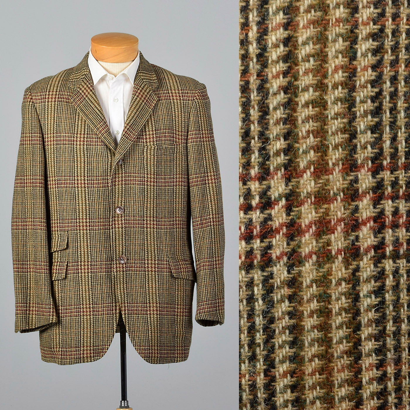 1960s Mens Brown and Red Plaid Tweed Jacket