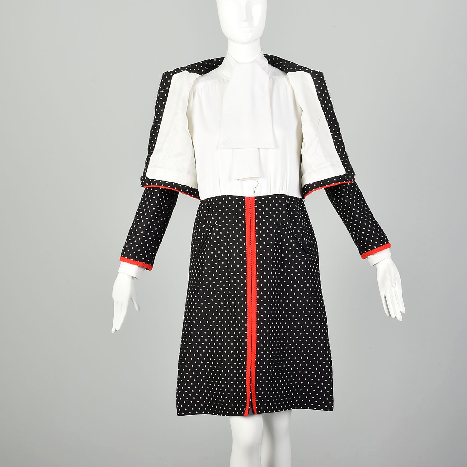 Medium 1970s Dress Jacket Ensemble Pussy Bow Red Black Ivory Knit Set