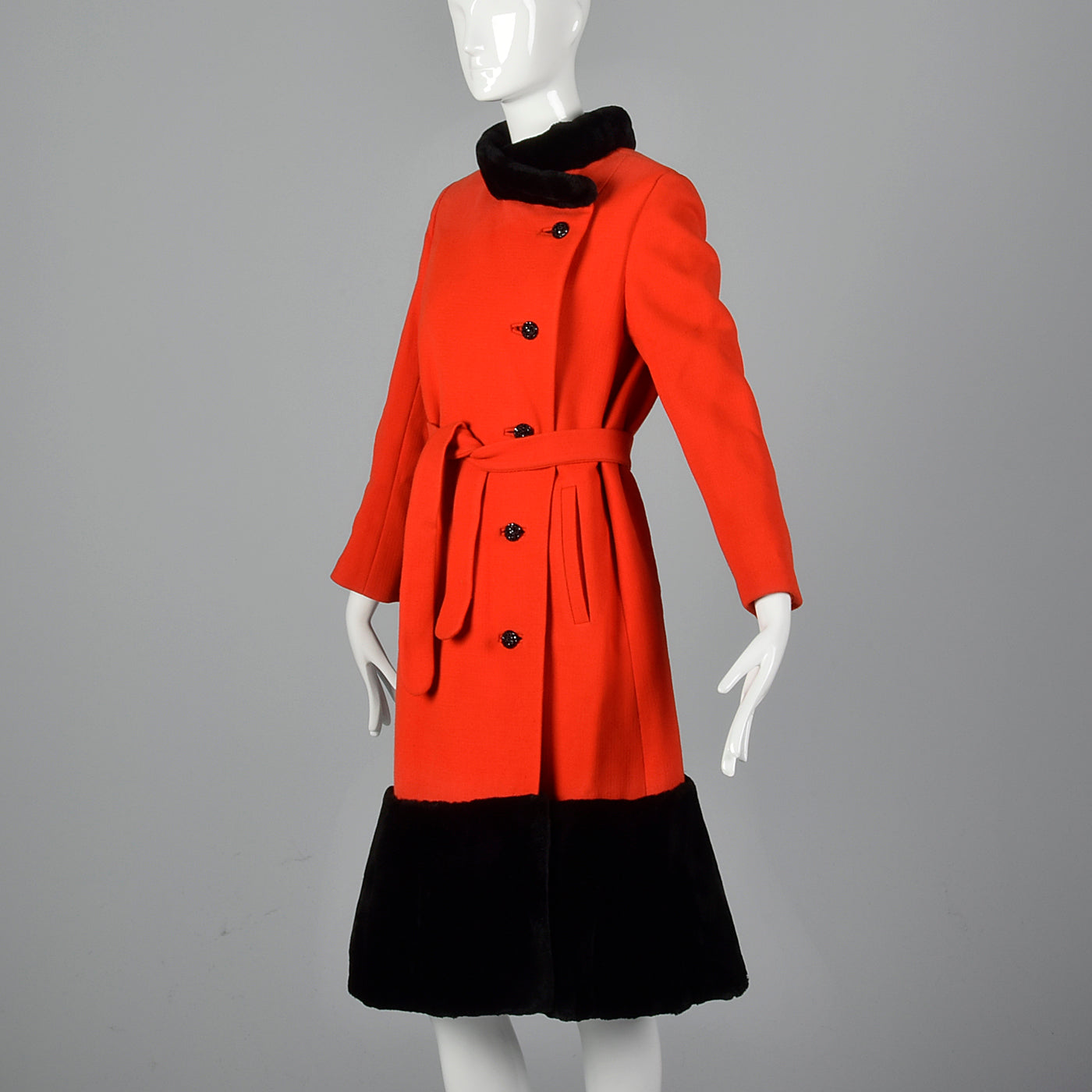 1960s Asymmetric Red Winter Coat with Black Sheared Fur Trim