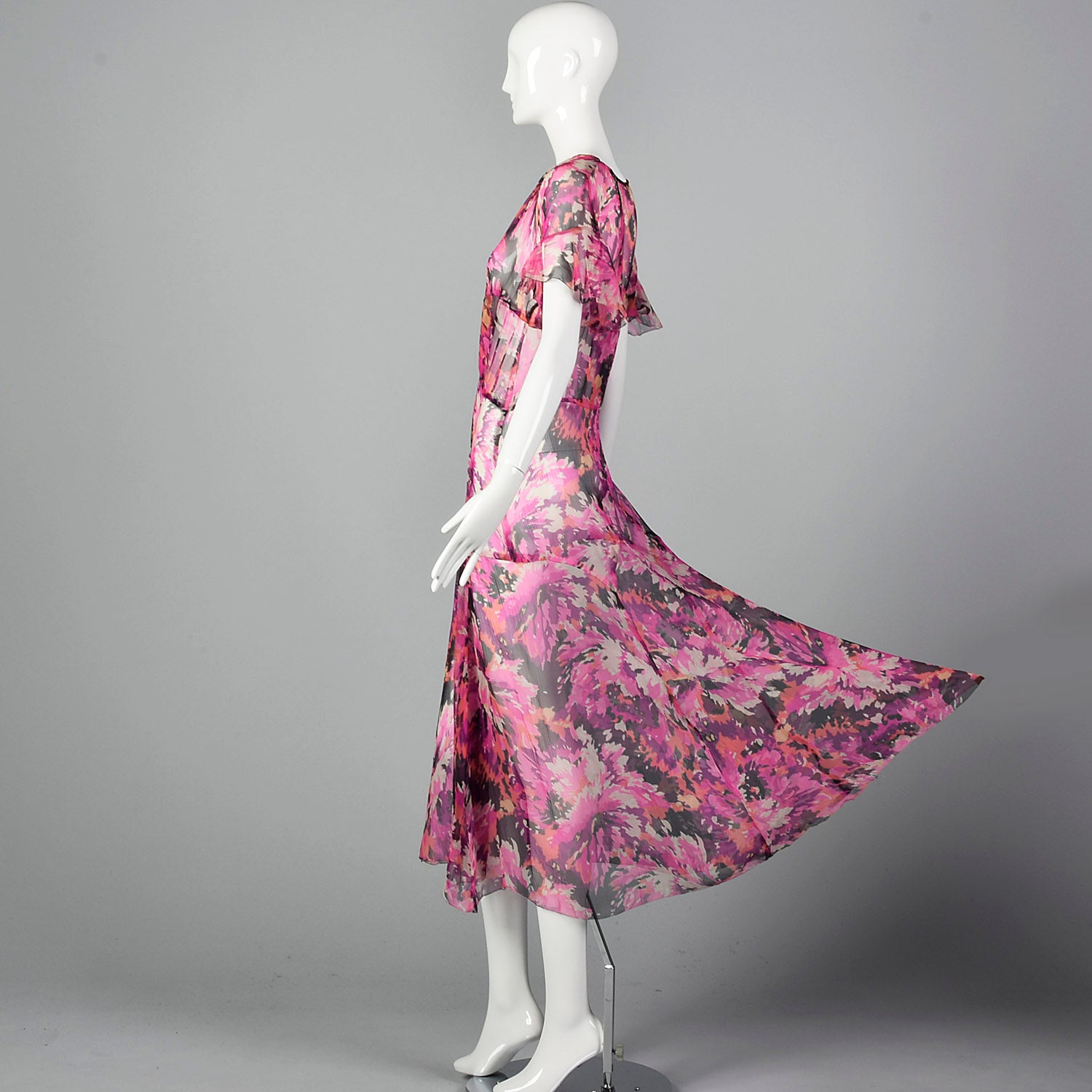 1930s Pink Silk Dress with Flutter Sleeves