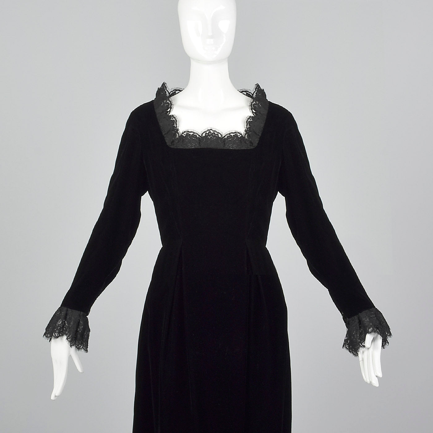 1970s Richilene Black Velvet Evening Dress with Lace Trim