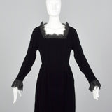 1970s Richilene Black Velvet Evening Dress with Lace Trim