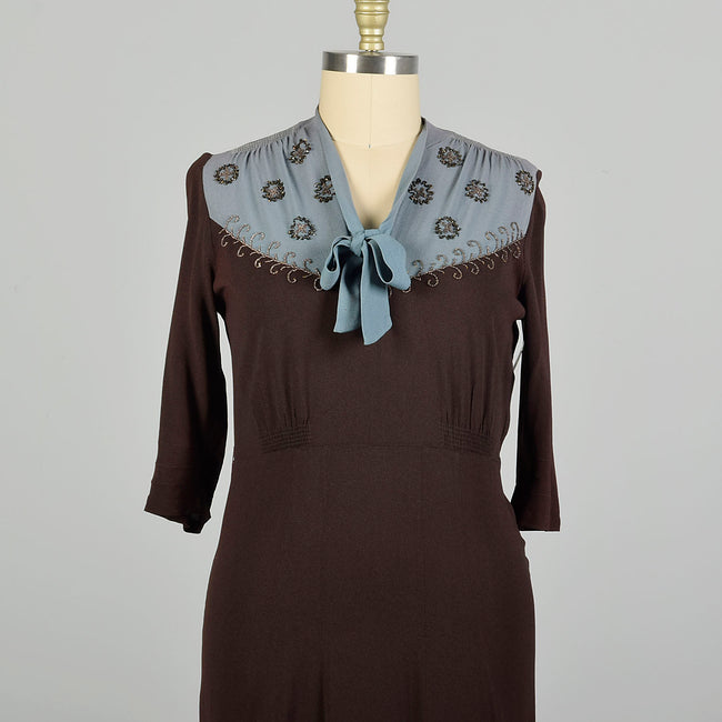 XL 1940s Dress Blue and Brown Volup Rayon with Beading