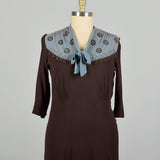 XL 1940s Dress Blue and Brown Volup Rayon with Beading