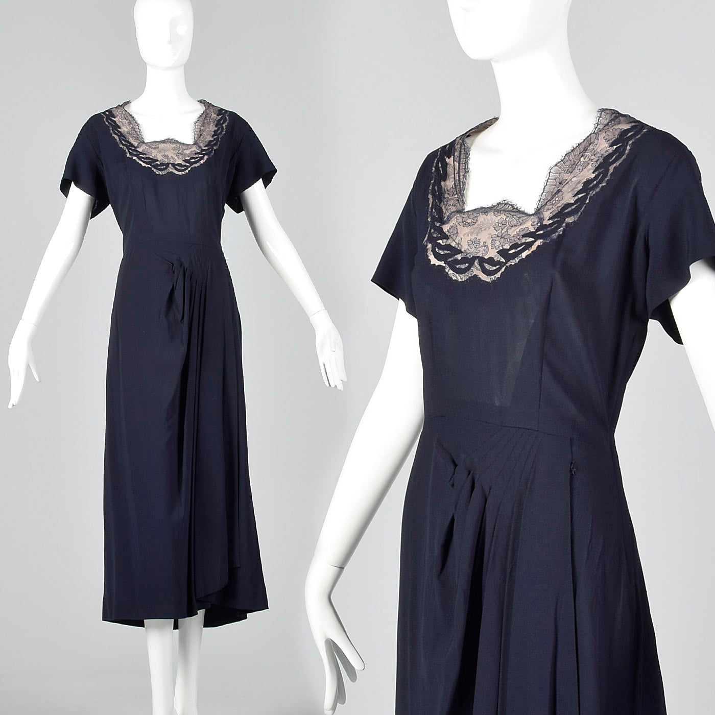 1950s Blue Rayon Dress with Lace Illusion Neckline