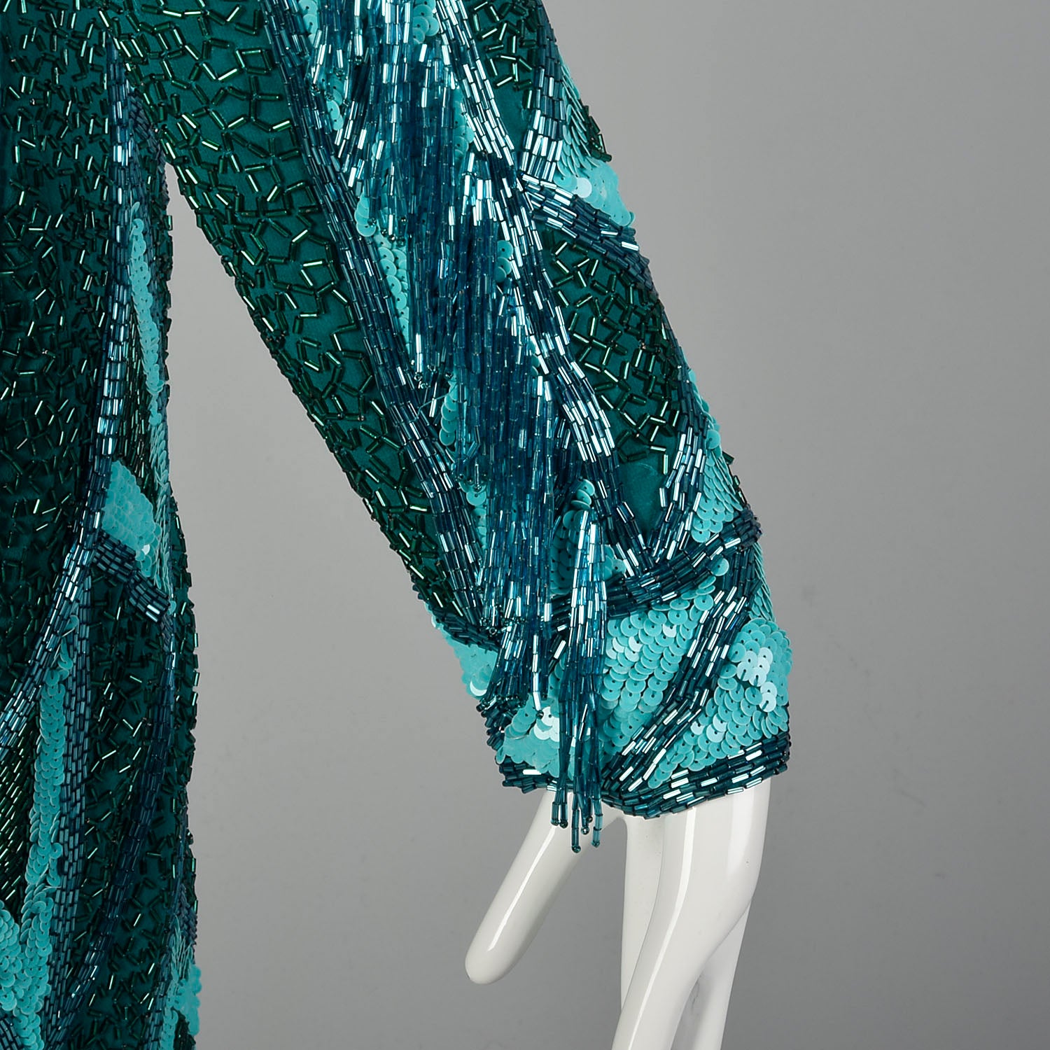 Large 1980s Bob Mackie Gown Bugle Beads Sequins Caged Back Hi Low Beaded Fringe Hem Large 1980s Bob Mackie Gown Bugle Beads Sequins Caged Back Hi Low Beaded Fringe Hem
