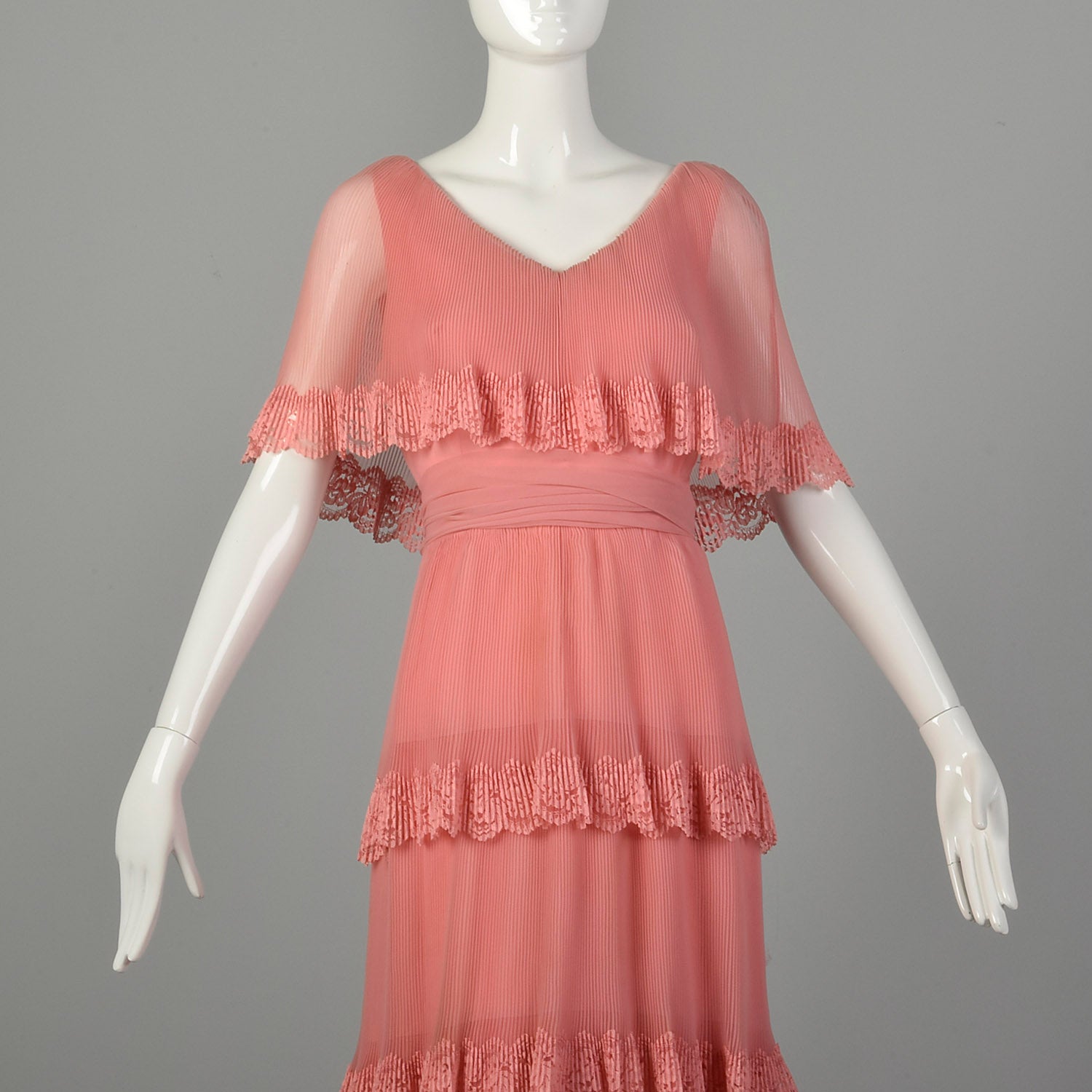 Medium 1970s Miss Elliette Dress Pleated Tiered Maxi Gown Pink Lace Capelet