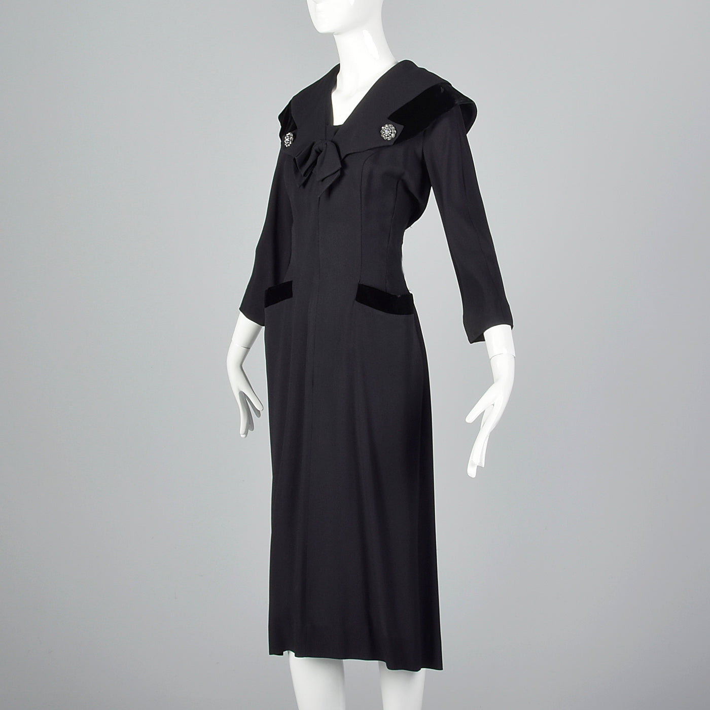 1950s Black Rayon Dress with Velvet Trim and Shawl Collar