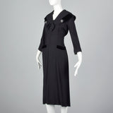 1950s Black Rayon Dress with Velvet Trim and Shawl Collar