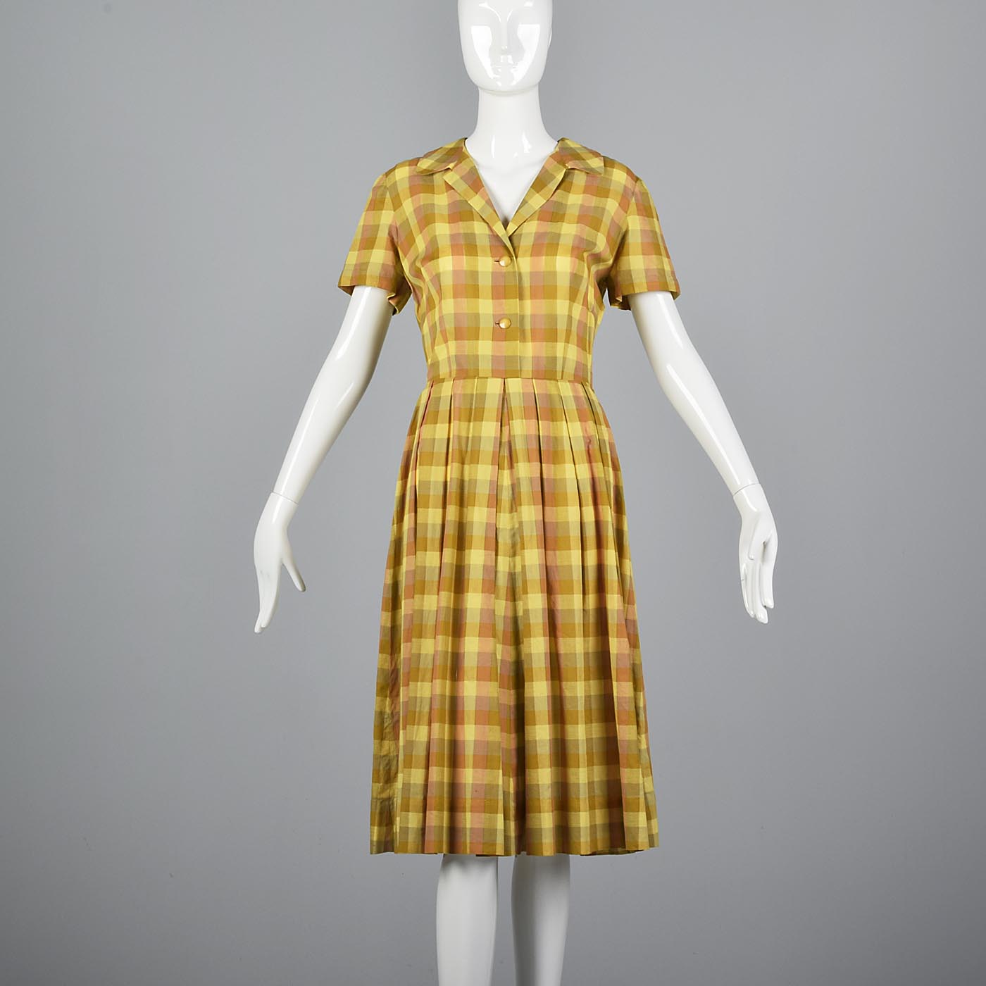 1950s Yellow Plaid Cotton Day Dress