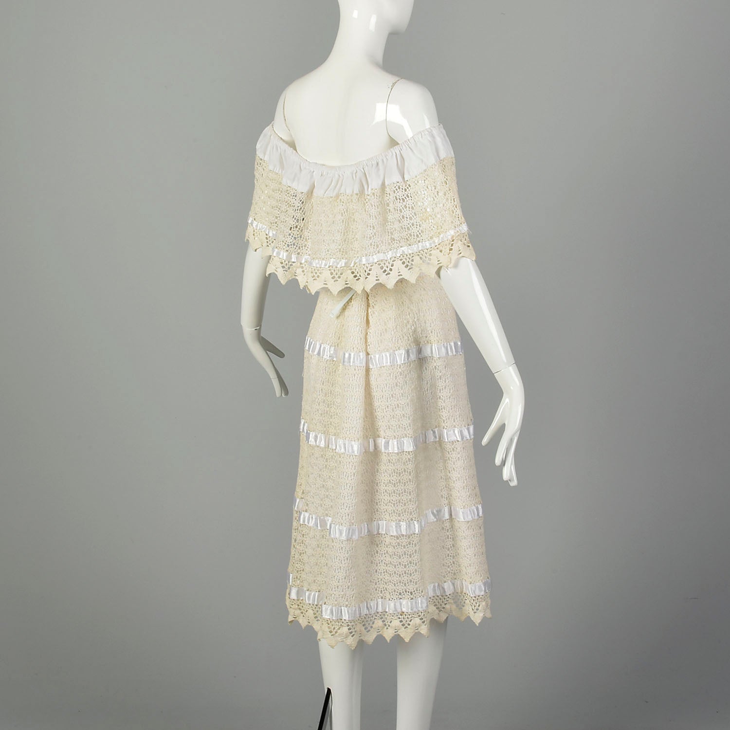 1970s Large Summer White Lace Off Shoulder Boho Dress