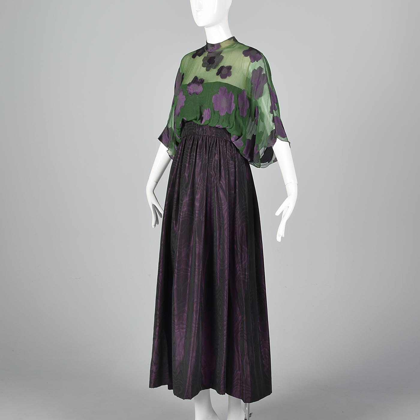 1970s Alfred Bosand Green Silk & Plum Purple Evening Gown