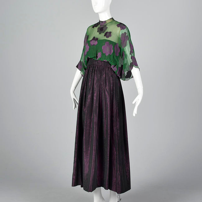 1970s Alfred Bosand Green Silk & Plum Purple Evening Gown