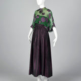 1970s Alfred Bosand Green Silk & Plum Purple Evening Gown