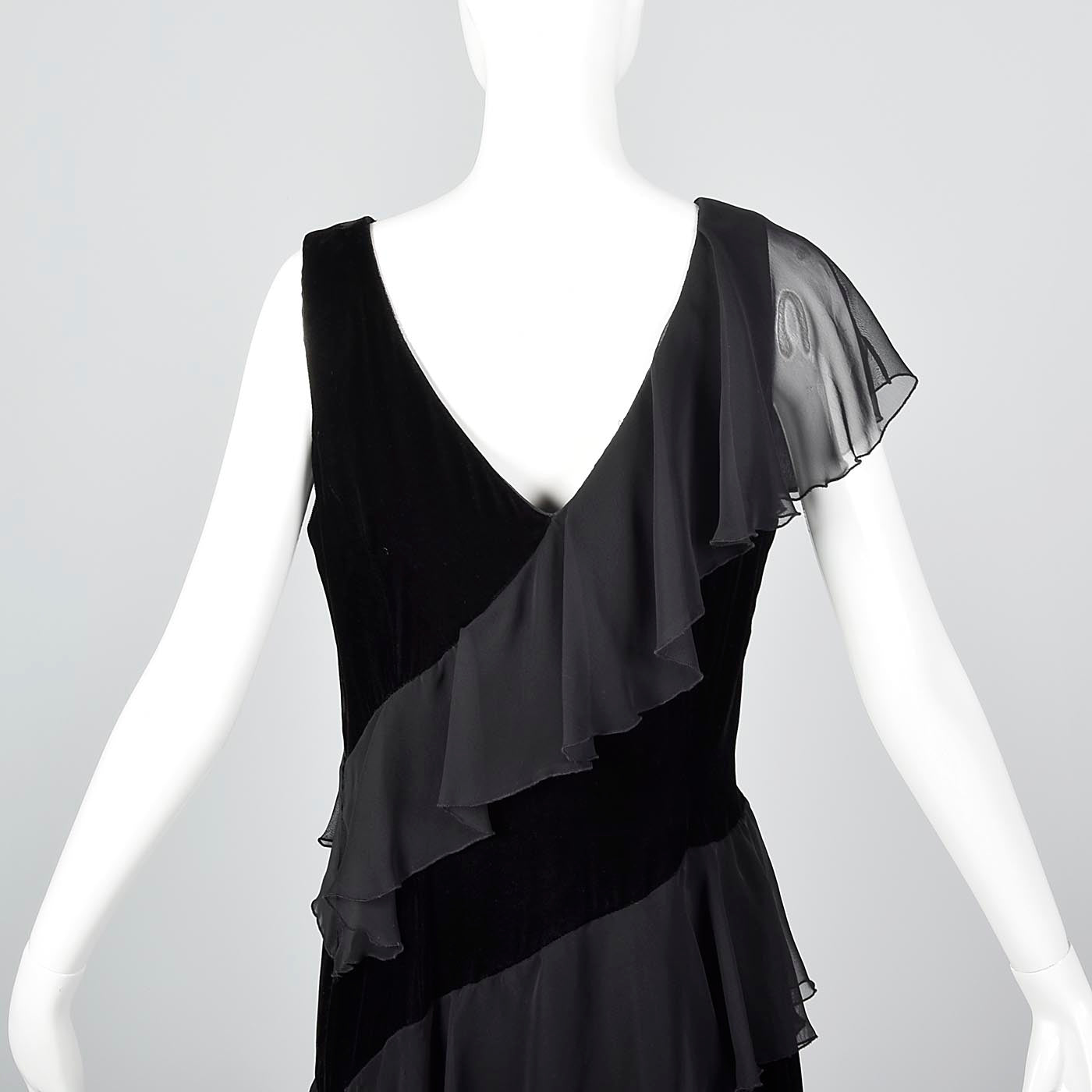 1980s Black Velvet Maxi Dress with Chiffon Ruffle