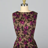 1950s Brown and Pink Rose Print Dress