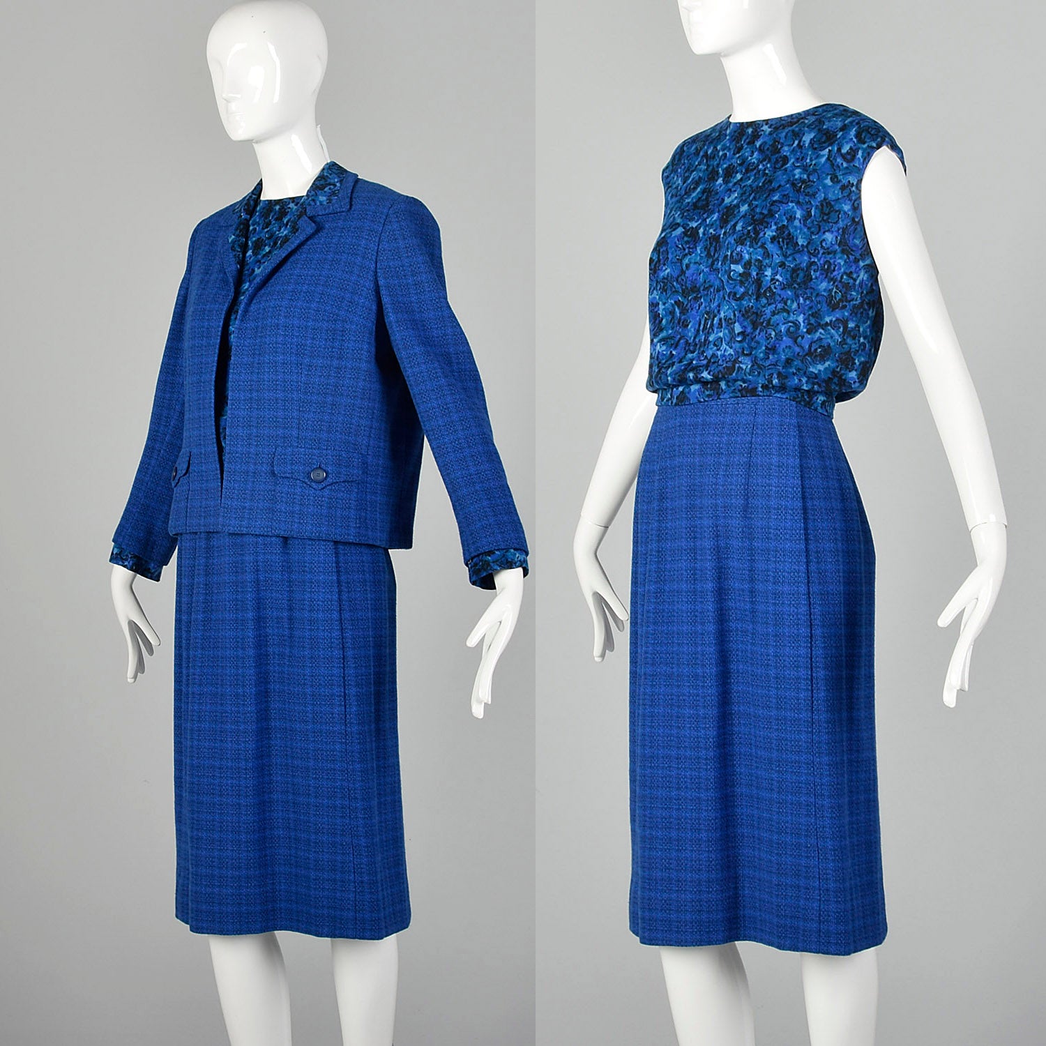 Medium 1960s Davidow Three Piece Blue Tweed Skirt Suit