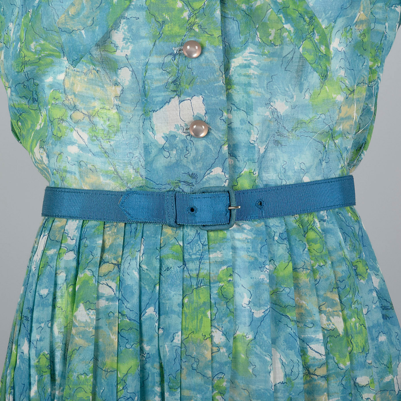 1950s Blue Floral Print Dress with Pleated Skirt