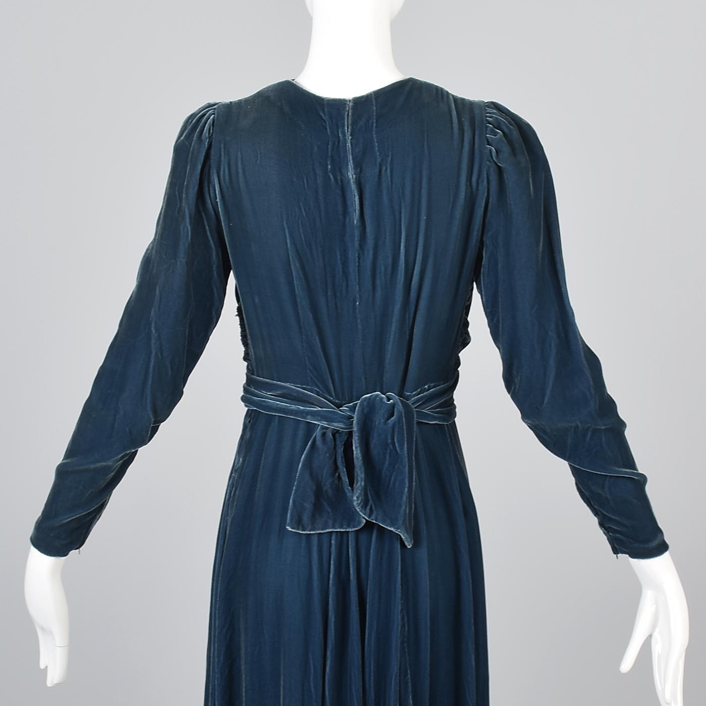 1930s Blue Velvet Gown with Gathered Bodice