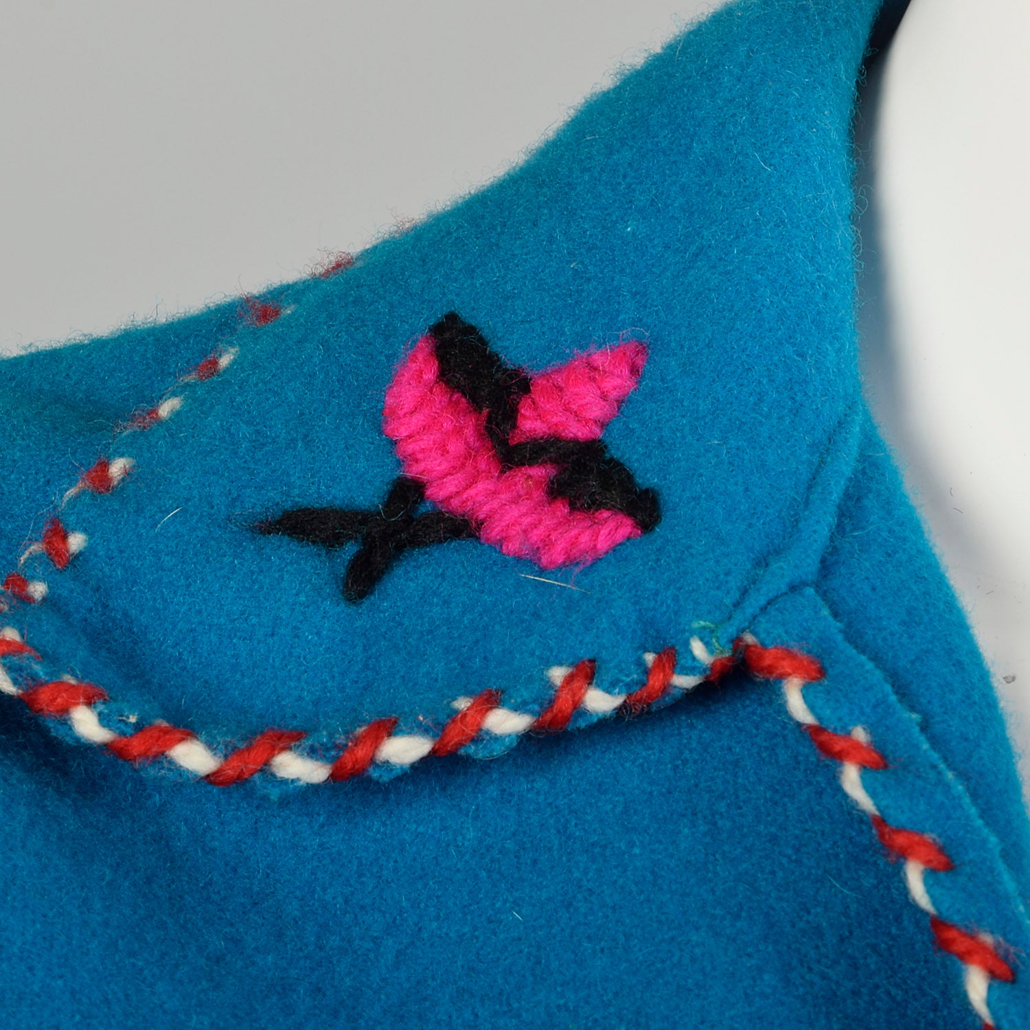 XXS 1950s Jacket Teal Blue Mexican Souvenir Tourist Wool Embroidery Horse Shoe Sombrero Village Scene