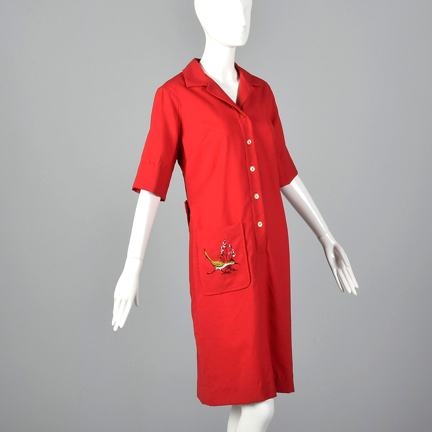 1960s Red Day Dress with Bird Embroidery