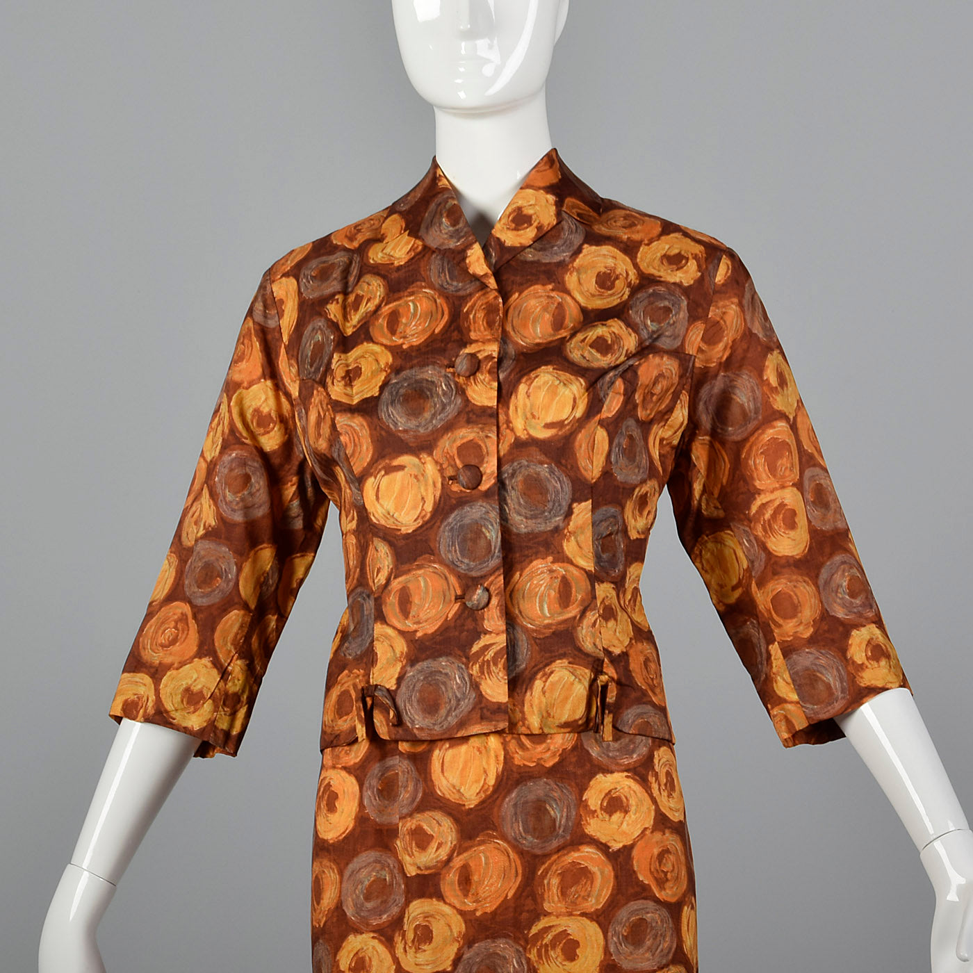 1960s Brown Swirl Print Dress and Jacket Set