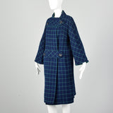 Medium Pauline Trigere 1960s Mod Blue Plaid Wool Blanket Coat