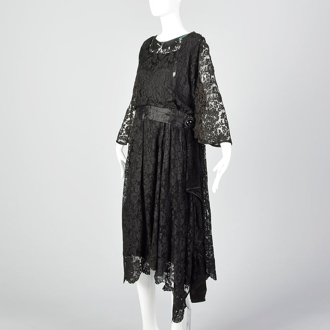 1920s Lace Dress with Hip Sash and Bell Sleeves