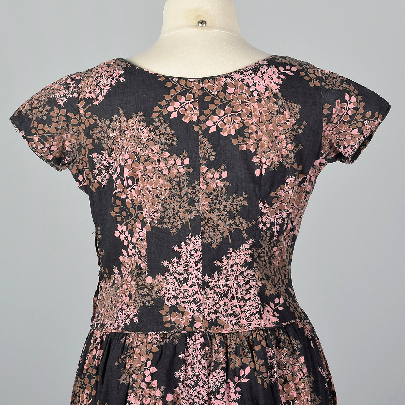 1950s Black and Pink Floral Dress with Drop Waist