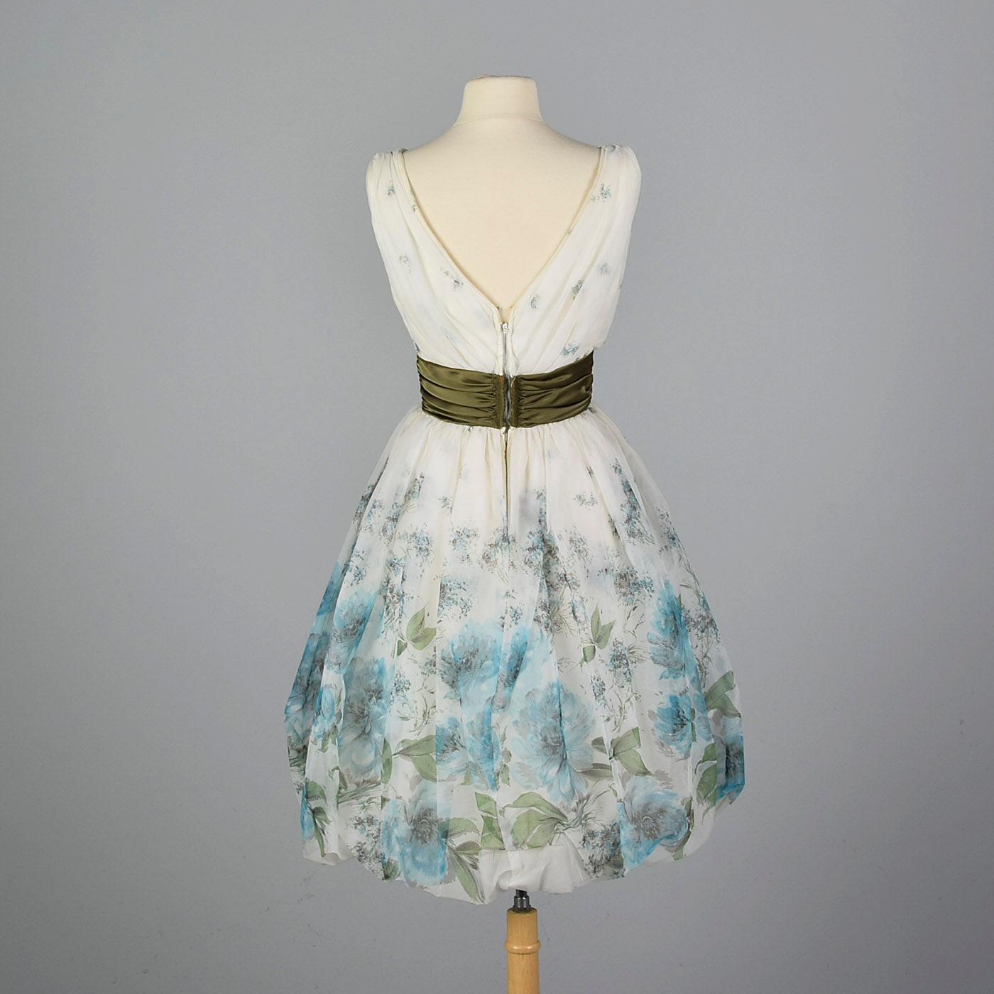 1950s Blue Floral Border Print Dress with Bubble Hem