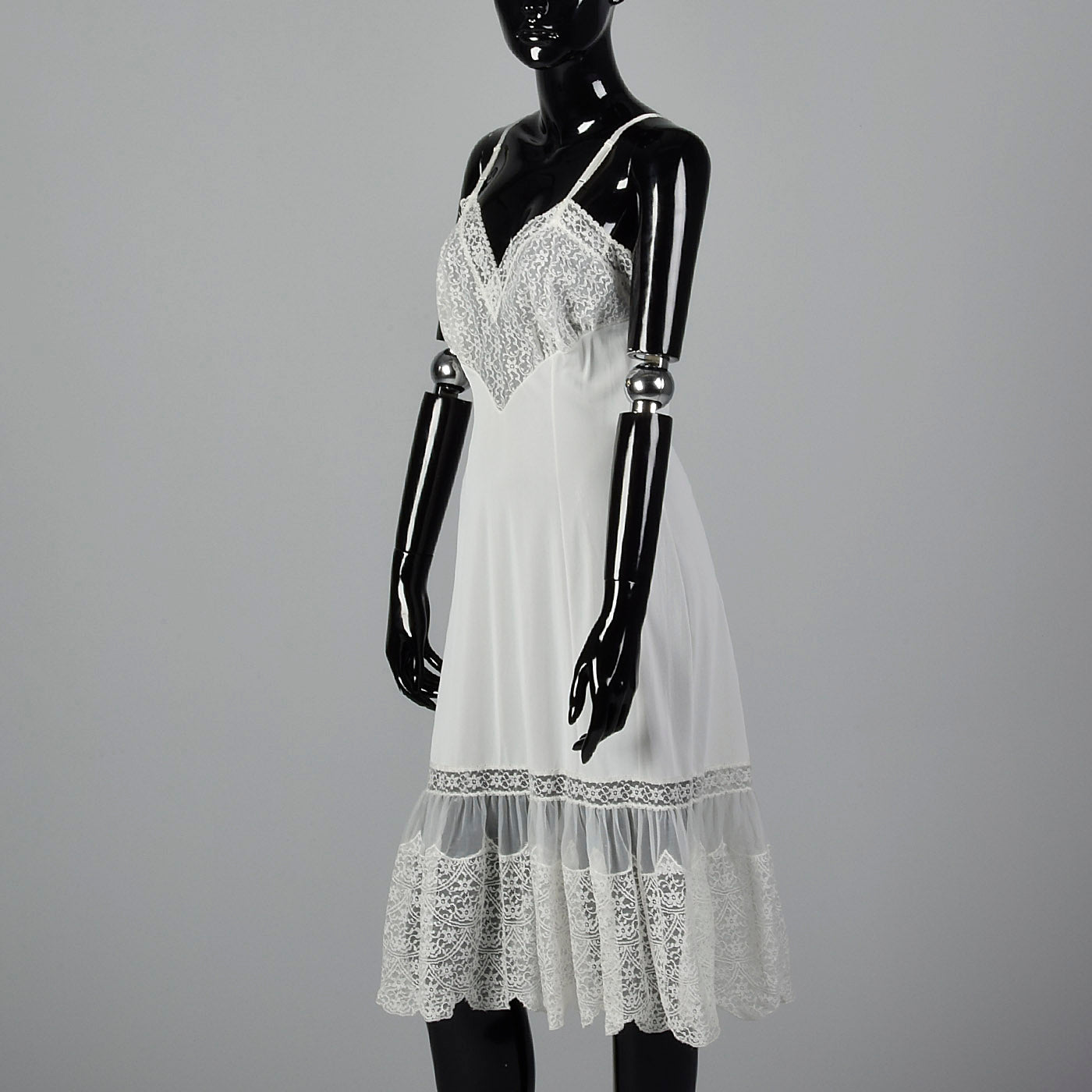 1950s Lace Trim White Nylon Slip with Adjustable Straps