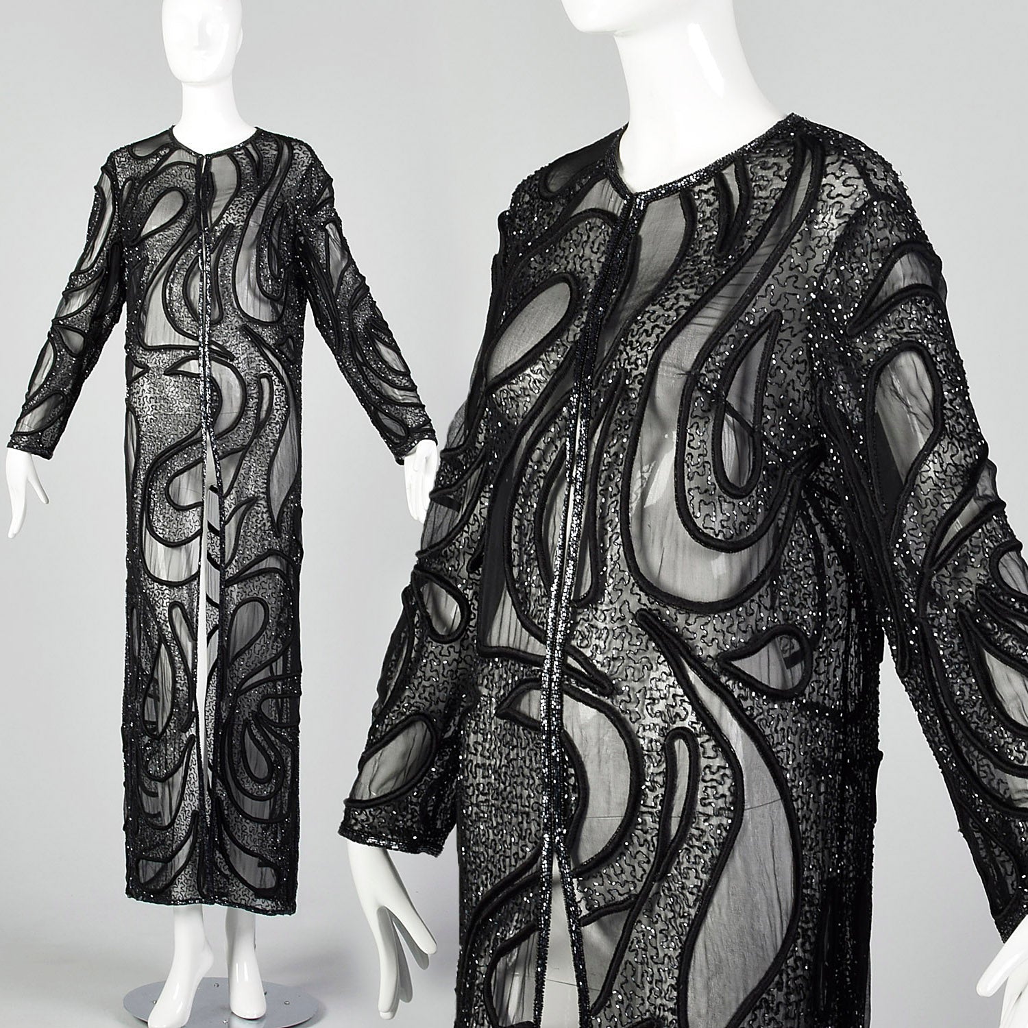 Stunning Bob Mackie Sheer Black Beaded Silk Maxi Jacket