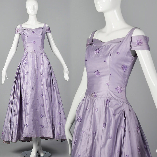 1950s Lavender Evening Dress with Floral Embroidery